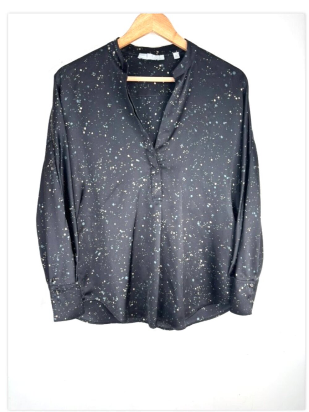 Vince Constellation Print Popover Top S Black Splatter Long Sleeve Minimalist